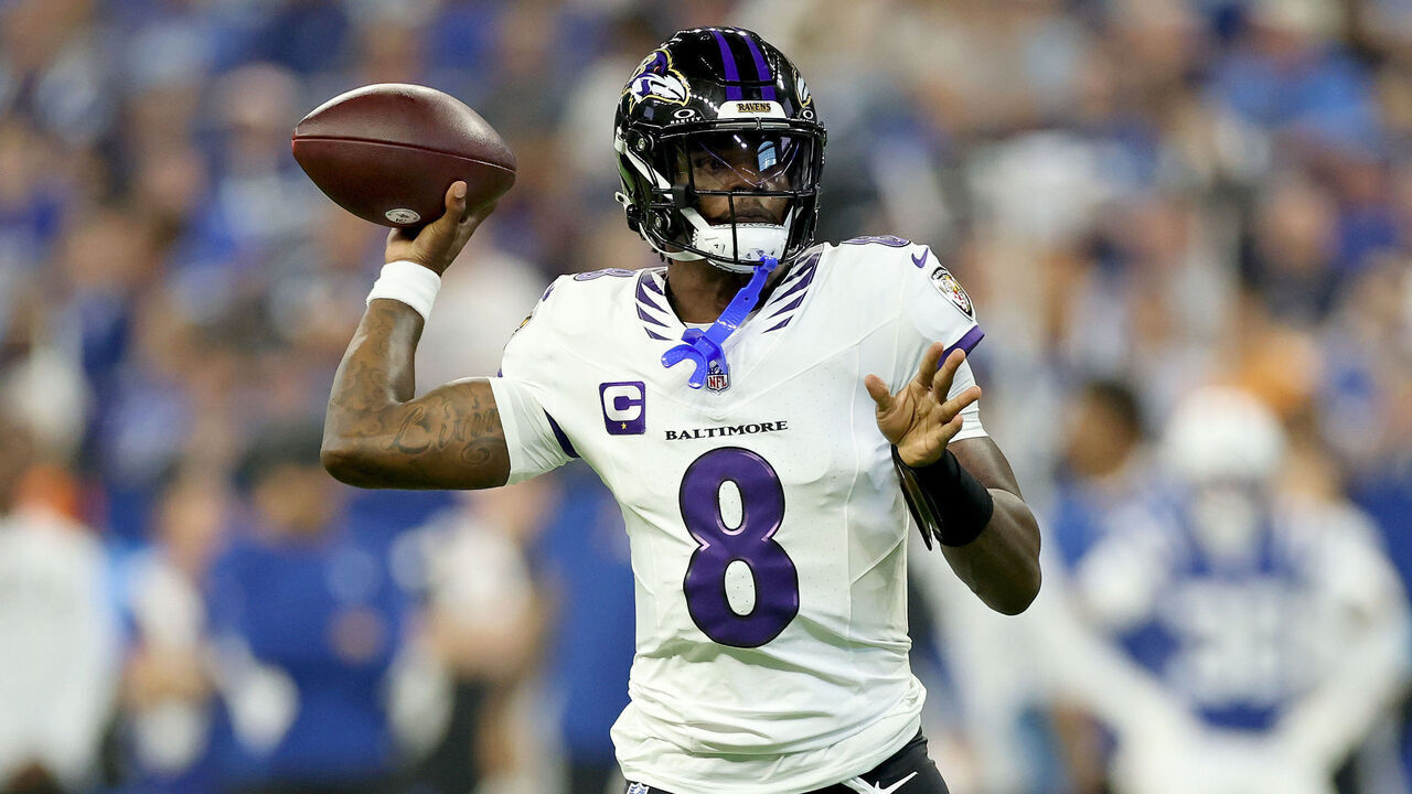 INDIANAPOLIS, INDIANA - SEPTEMBER 13: Lamar Jackson #8 of the Baltimore Ravens throws a pass against the Indianapolis Colts during the first quarter of the game at Lucas Oil Stadium on September 13, 2026 in Indianapolis, Indiana