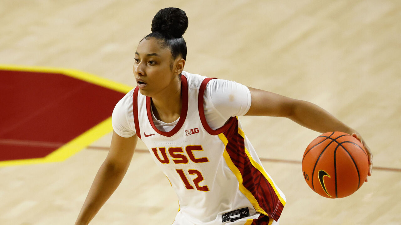 LOS ANGELES, CA - OCTOBER 25: USC Trojans guard Juju Watkins (12) dribbles the ball during the women's college basketball exhibition game between the California Golden Bears and the USC Trojans on October 25, 2026, at Galen Center in Los Angeles, CA.