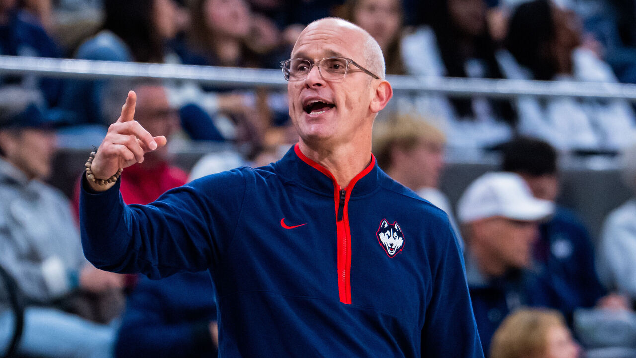 HARTFORD, CONNECTICUT - OCTOBER 27: Connecticut Huskies head coach Dan Hurley lead shis team against the Purdue Boilermakers during the second half of an NCAA men's exhibition basketball game at PeoplesBank Arena on October 27, 2026 in Hartford, Connecticut.