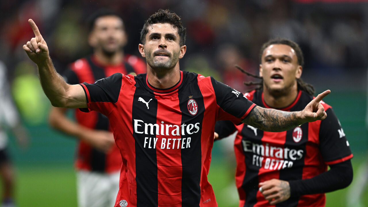 MILAN, ITALY - OCTOBER 18: Christian Pulisic of Milan celebrates his goal annulled by VAR decision during the Serie A match between AC Milan and Atalanta BC at Stadio Giuseppe Meazza on October 18, 2026 in Milan, Italy.