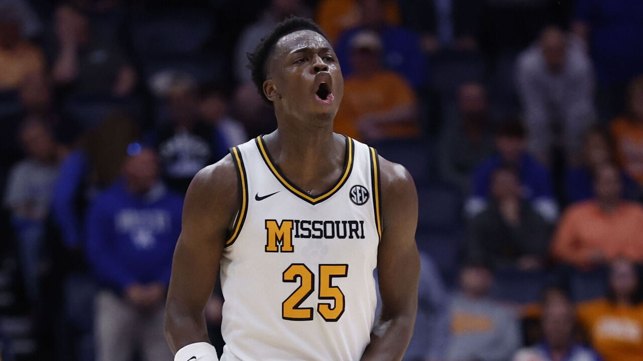 NASHVILLE, TN - MARCH 12: Missouri Tigers forward Mark Mitchell (25) reacts after a made shot during a second round game of the SEC Tournament between the Kentucky Wildcats and Missouri Tigers, March 12, 2026 at Bridgestone Arena in Nashville, Tennessee.