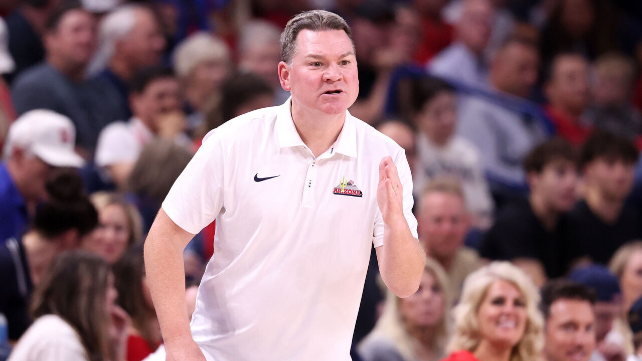 TUCSON, ARIZONA - OCTOBER 16: Head coach Tommy Lloyd of the Arizona Wildcats reacts during the second half of the preseason game against the San Diego State Aztecs at McKale Center at ALKEME Arena on October 16, 2026 in Tucson, Arizona.