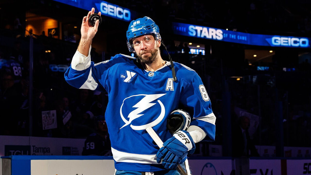 TAMPA, FL - OCTOBER 17: Nikita Kucherov #86 of the Tampa Bay Lightning celebrate the win against the Vancouver Canucks at Benchmark International Arena on October 17, 2026 in Tampa, Florida.