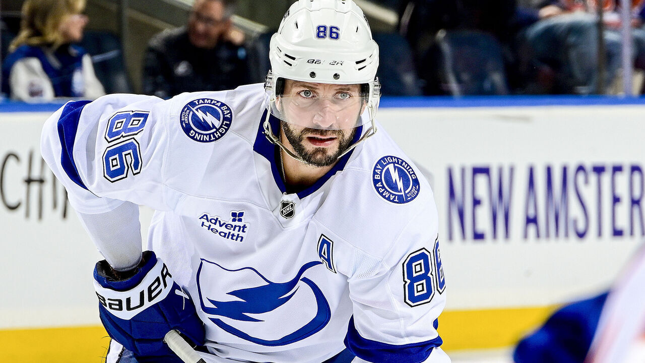 ELMONT, NEW YORK - OCTOBER 10: Nikita Kucherov #86 of the Tampa Bay Lightning looks on against the New York Islanders during the game at UBS Arena on October 10, 2026 in Elmont, New York.