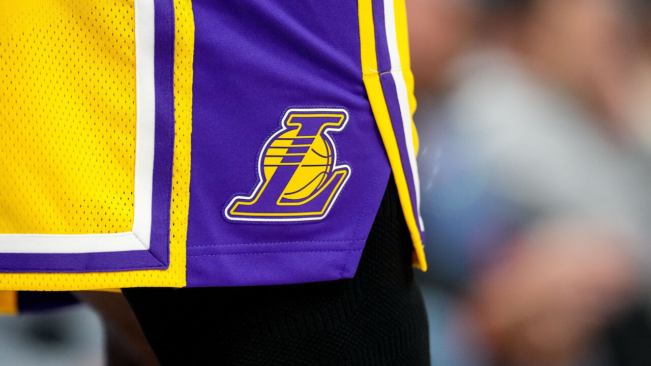 DETROIT, MICHIGAN - MARCH 23: A detail of the Los Angeles Lakers L logo on a uniform during the game against the Detroit Pistons at Little Caesars Arena on March 23, 2026 in Detroit, Michigan.