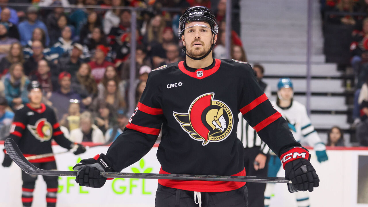 OTTAWA, ON - OCTOBER 22: Hayden Hodgson #42 of the Ottawa Senators before a face-off during a game against the San Jose Sharks on October 22, 2026, at Canadian Tire Centre in Ottawa, ON, Canada.