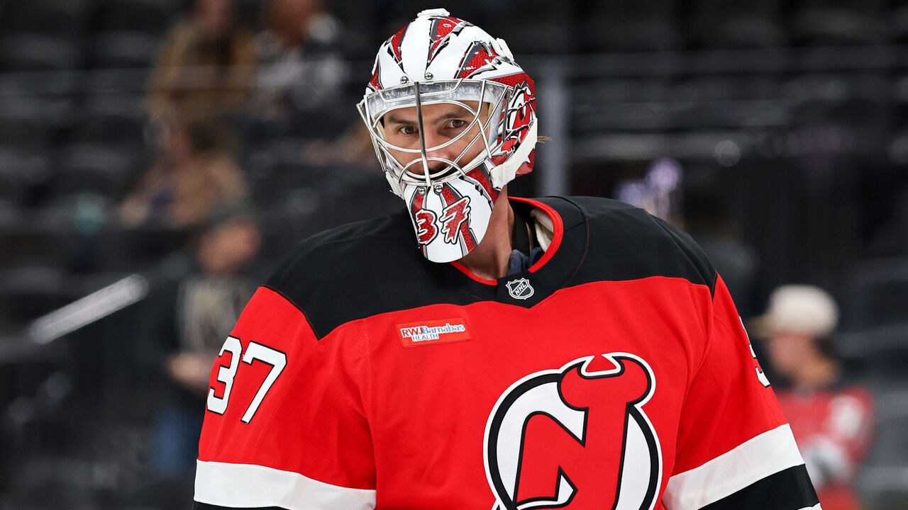 LAS VEGAS, NEVADA - OCTOBER 30: Connor Hellebuyck #37 of the New Jersey Devils warms up before a game against the Vegas Golden Knights at T-Mobile Arena on October 30, 2026 in Las Vegas, Nevada.