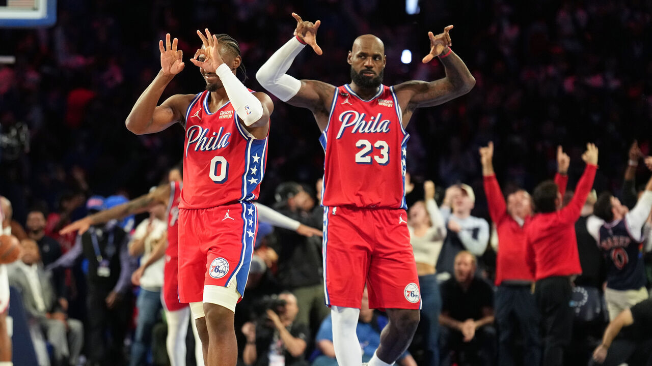 PHILADELPHIA, PA - OCTOBER 30: Tyrese Maxey #0 and LeBron James #23 of the Philadelphia 76ers reacts during the game against the New York Knicks during the 2026 Emirates NBA Cup on October 30, 2026 at Xfinity Mobile Arena in Philadelphia, Pennsylvania NOTE TO USER: User expressly acknowledges and agrees that, by downloading and/or using this Photograph, user is consenting to the terms and conditions of the Getty Images License Agreement. Mandatory Copyright Notice: Copyright 2026 NBAE