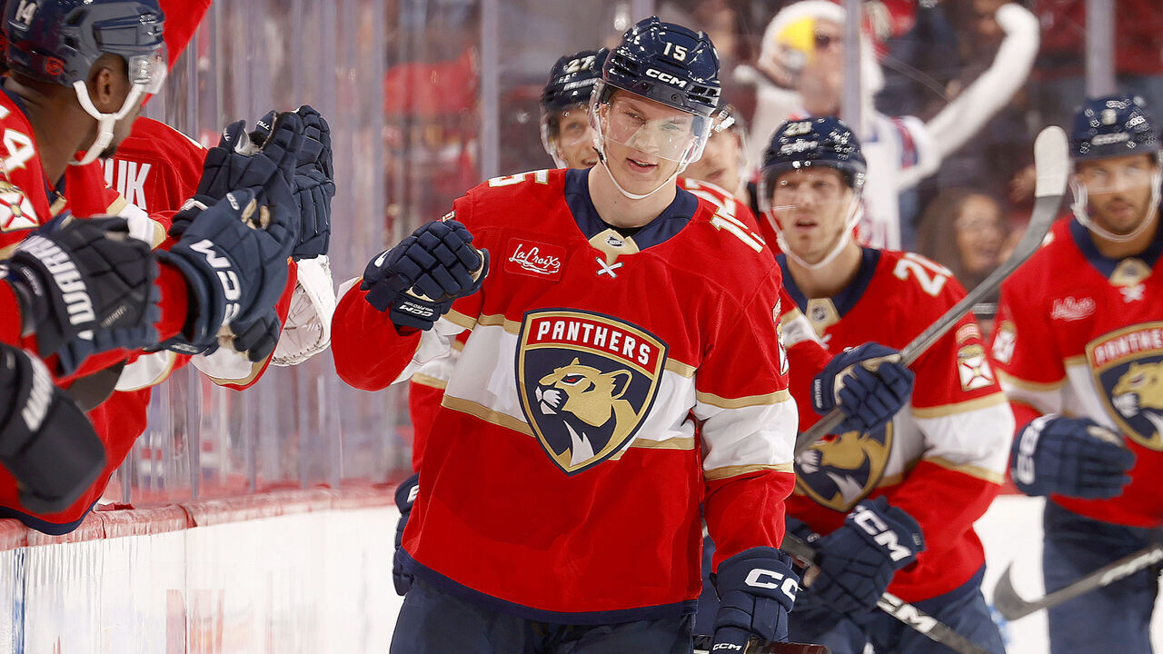 SUNRISE, FLORIDA - OCTOBER 30: Anton Lundell #15 of the Florida Panthers celebrates his goal with teammates during the second period against the Winnipeg Jets at the Amerant Bank Arena on October 30, 2026 in Sunrise, Florida.