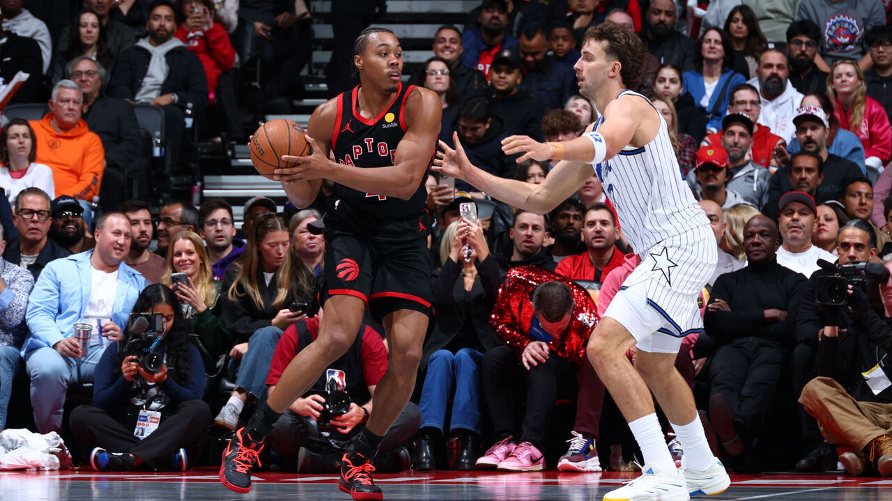 TORONTO, CANADA - OCTOBER 30: Scottie Barnes #4 of the Toronto Raptors handles the ball during the game against the Orlando Magic during the Emirates NBA Cup on October 30, 2026 at the Scotiabank Arena in Toronto, Ontario, Canada. Mandatory Copyright Notice: Copyright 2026 NBAE