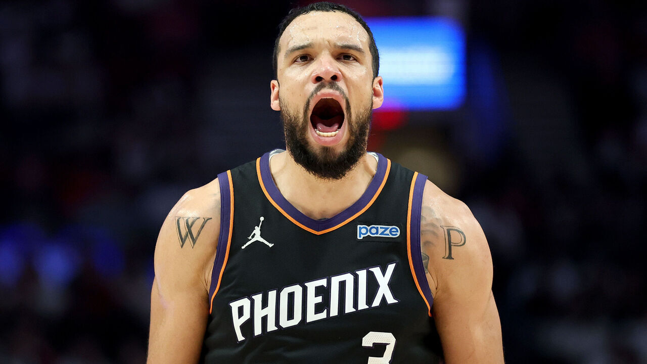 PORTLAND, OREGON - OCTOBER 21: Dillon Brooks #3 of the Phoenix Suns reacts after a basket against the Portland Trail Blazers during the second half at Moda Center on October 21, 2026 in Portland, Oregon. NOTE TO USER: User expressly acknowledges and agrees that, by downloading and/or using this photograph, user is consenting to the terms and conditions of the Getty Images License Agreement.