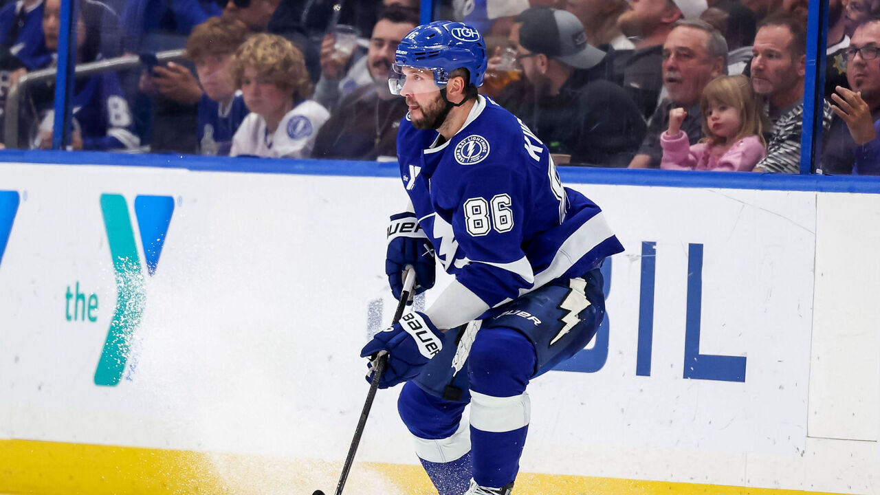 TAMPA, FL - OCTOBER 29: Nikita Kucherov #86 of the Tampa Bay Lightning looks to make a pass play against the Winnipeg Jets during the first period at the Benchmark International Arena on October 29, 2026 in Tampa, Florida.
