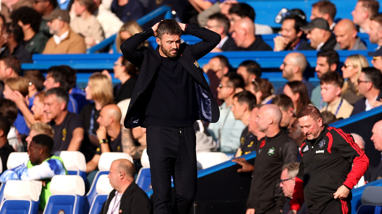 LONDON, ENGLAND - OCTOBER 31: Michael Carrick, Manager of Manchester United, reacts as a goal scored by Matheus Cunha is ruled out by VAR for offside during the Premier League 2026/27 match between Chelsea FC and Manchester United at Stamford Bridge on October 31, 2026 in London, England.