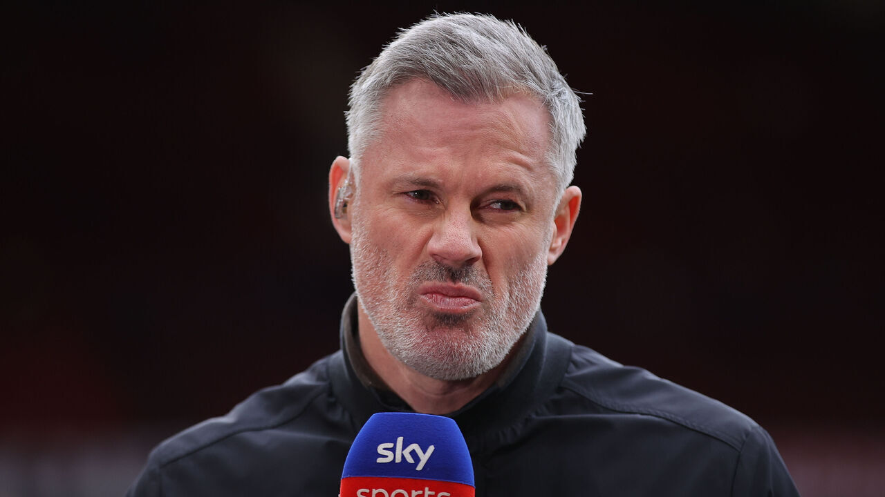 MANCHESTER, ENGLAND - MAY 03: Sky Sports pundit Jamie Carragher during the Premier League match between Manchester United and Liverpool at Old Trafford on May 03, 2026 in Manchester, England.
