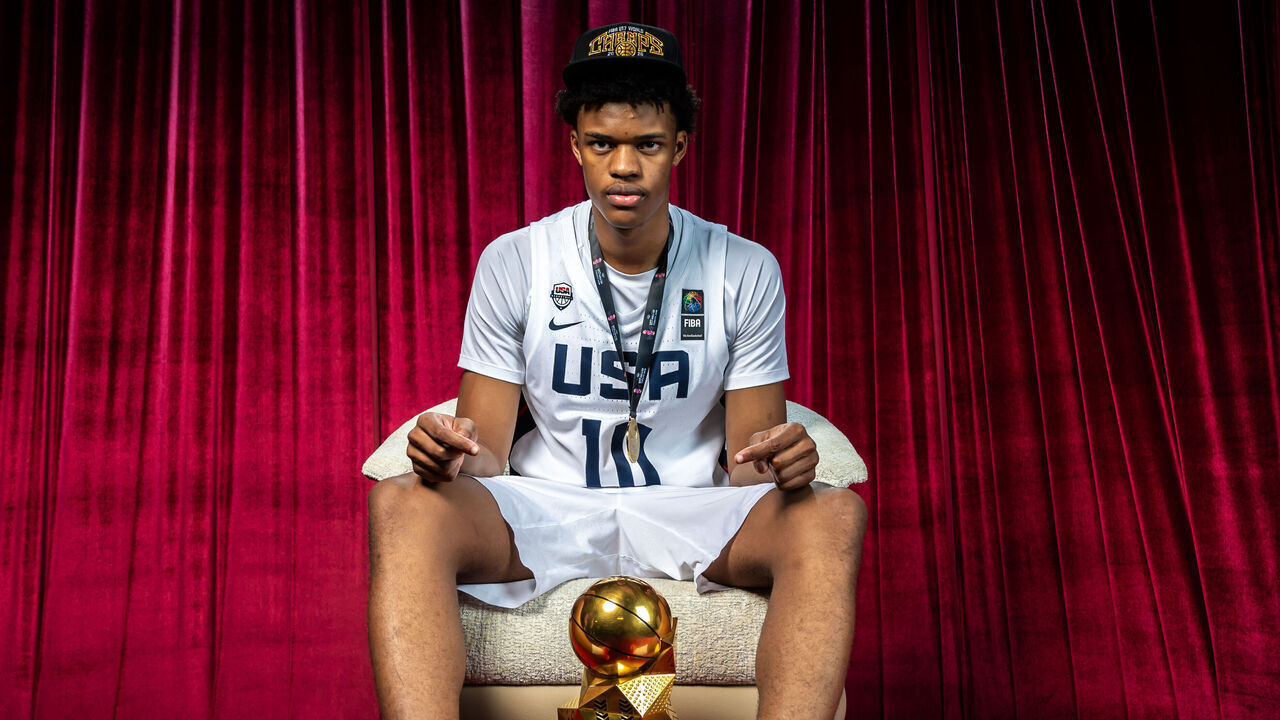 ISTANBUL, TURKEY - JULY 05: Xavier Young of USA poses for a portrait while holding the trophy and wearing his gold medal during the FIBA U17 Basketball World Cup Final game between United States and Serbia at BDC Main Venue on July 05, 2026 in Istanbul, Turkey.