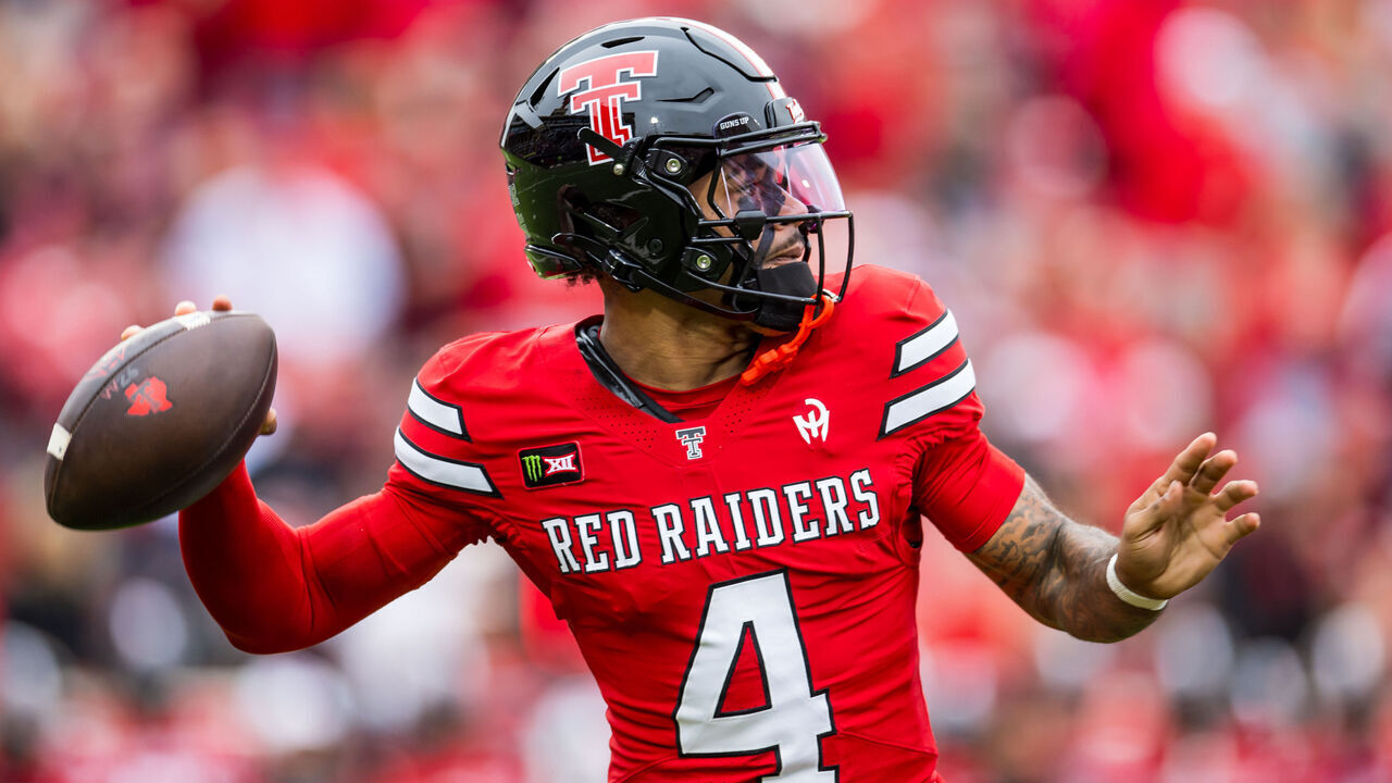 LUBBOCK, TEXAS - OCTOBER 31: Thomas Castellanos #4 of the Texas Tech Red Raiders passes the ball during the first half of the game against the Arizona Wildcats at Galaxy Stadium on October 31, 2026 in Lubbock, Texas.