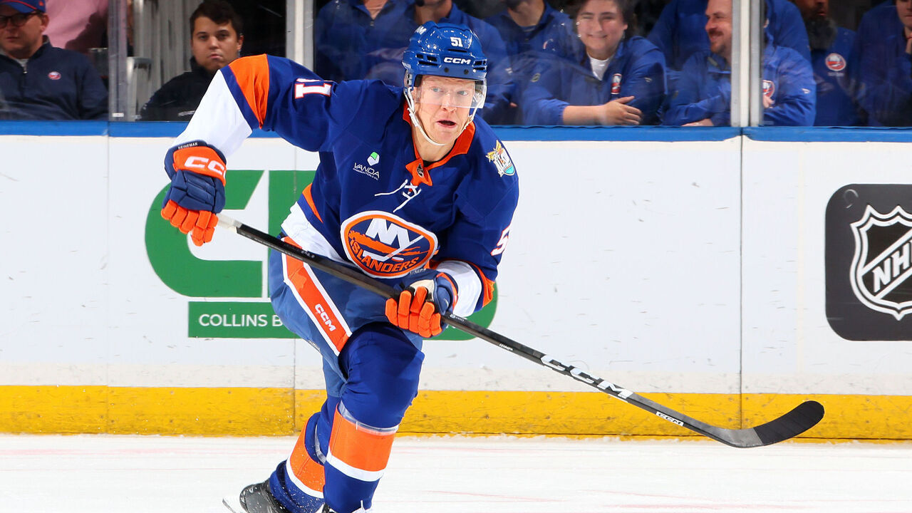 ELMONT, NEW YORK - OCTOBER 13: Emil Heineman #51 of the New York Islanders skates against the Vancouver Canucks during the game at UBS Arena on October 13, 2026 in Elmont, New York.